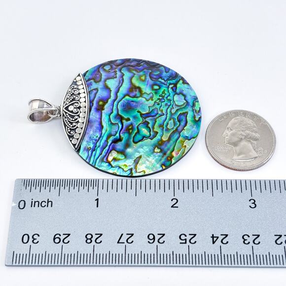 Vintage Sterling Silver 925 Ornate Abalone Shell Disc Pendant - Picture 7 of 7